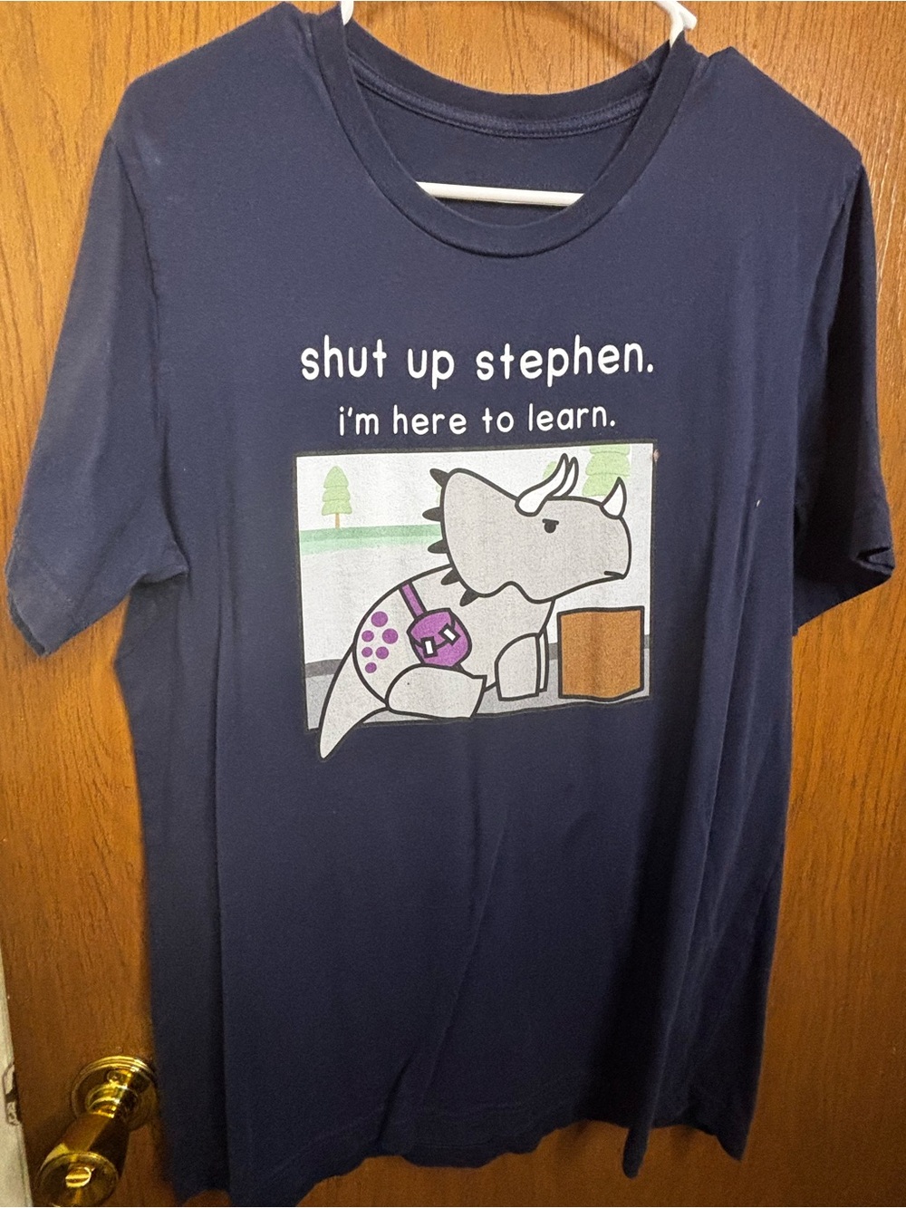 “Shut up Stephen I’m here to learn” dinosaur therapy shirt in blue
